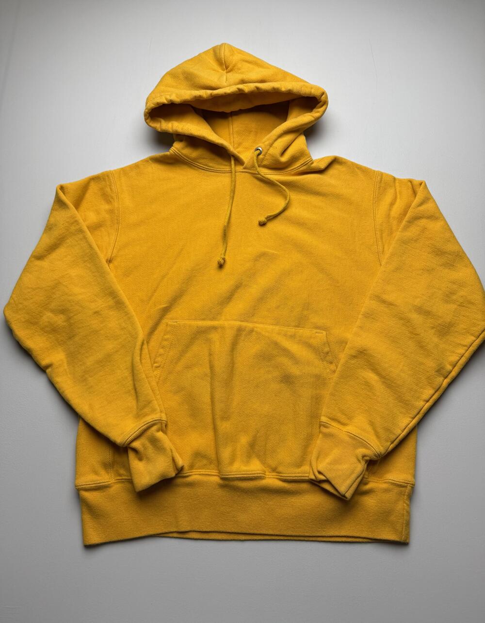 Champion Hoodie Sweatshirt Mens Medium Yellow Pullover Reverse Weave Fleece Logo